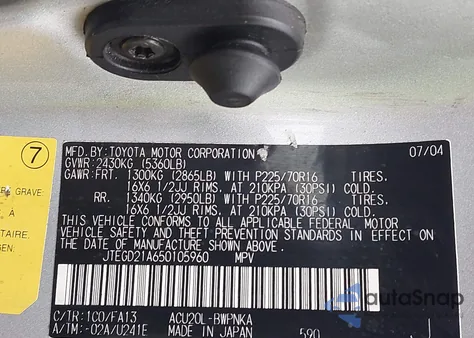 2005 Toyota Highlander from USA, damaged, VIN JTEGD21A650105960